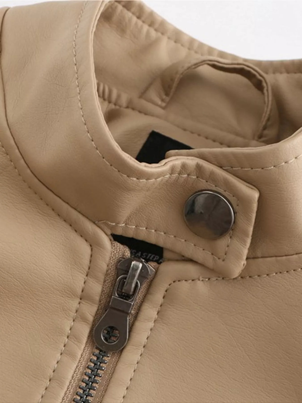 Faux-leather moto jacket, beige snap collar detail