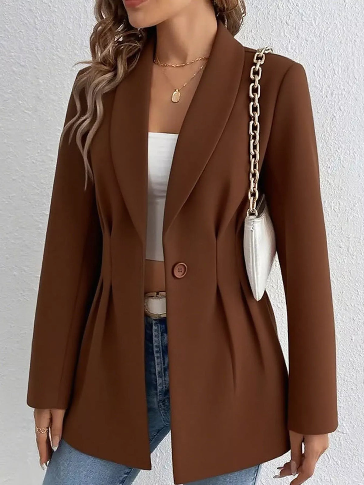 Single-Button Shawl Collar Blazer — front view