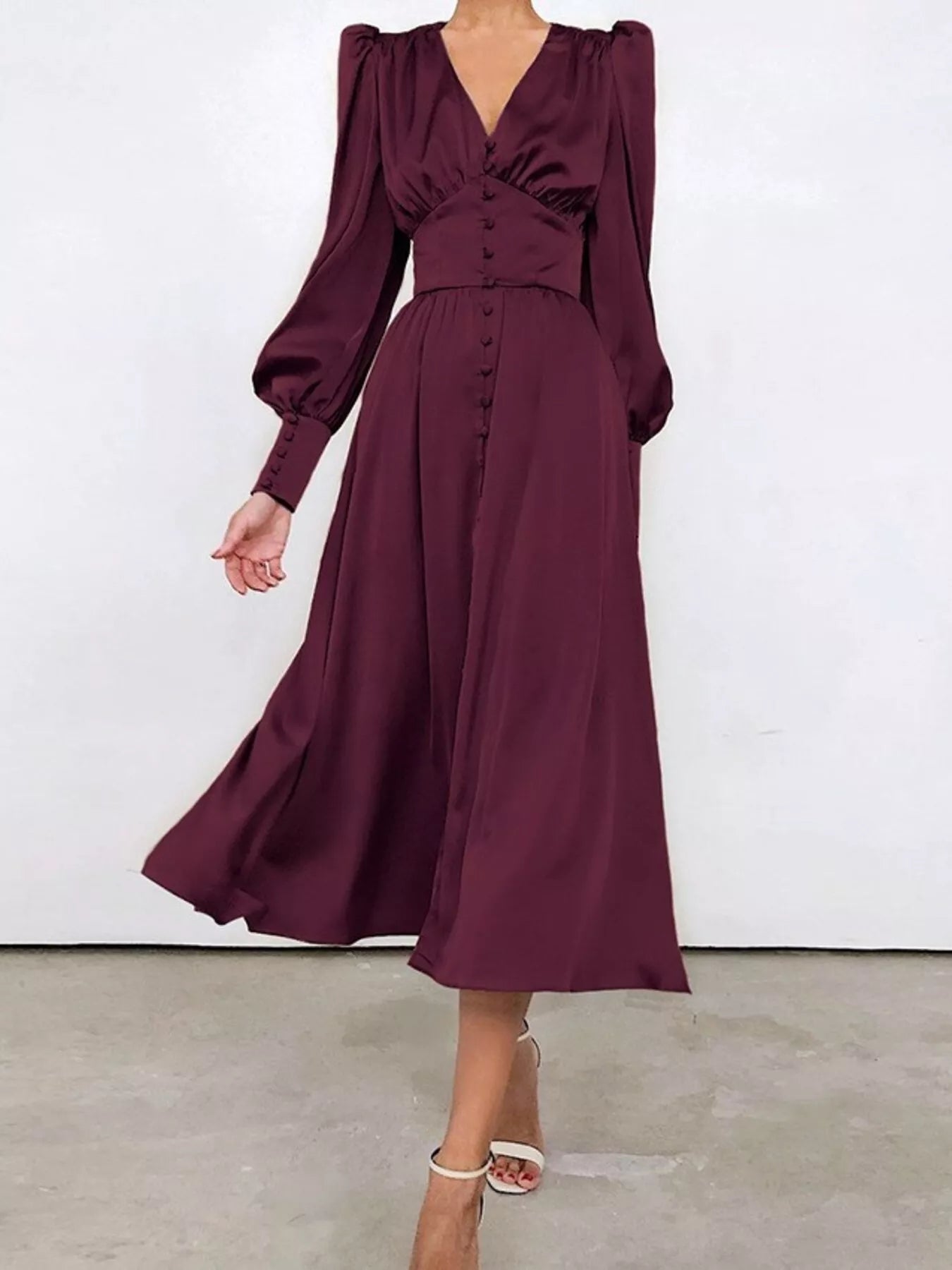 Trendsi V-Neck Lantern Sleeve Midi Dress -