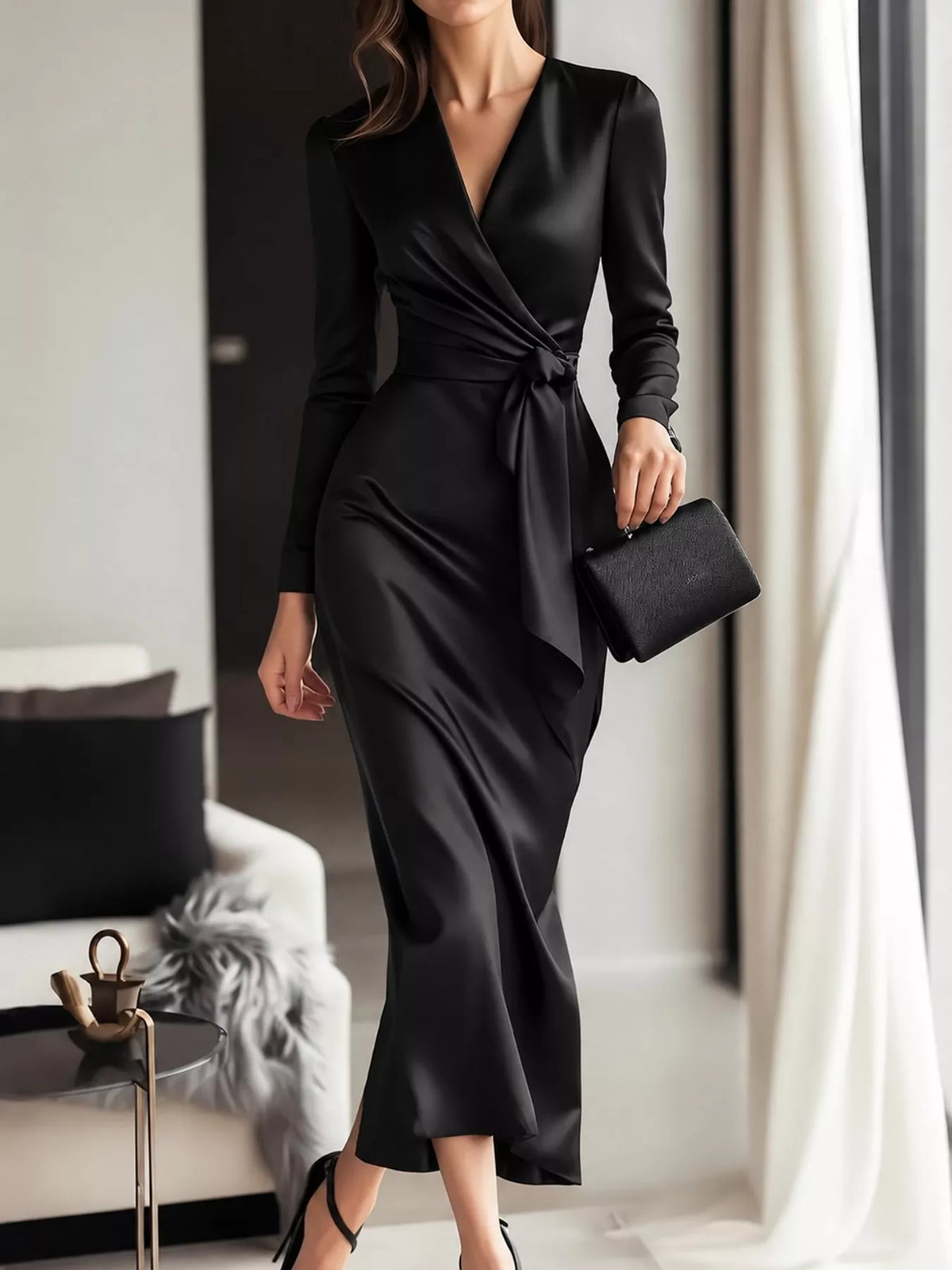 Satin Surplice Long Sleeve Dress — front view