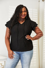 Trendsi Mandy Eyelet Tie-Neck Flutter Sleeve Blouse -
