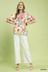 Trendsi Umgee Watercolor Floral Print Top with High-Low Hem -