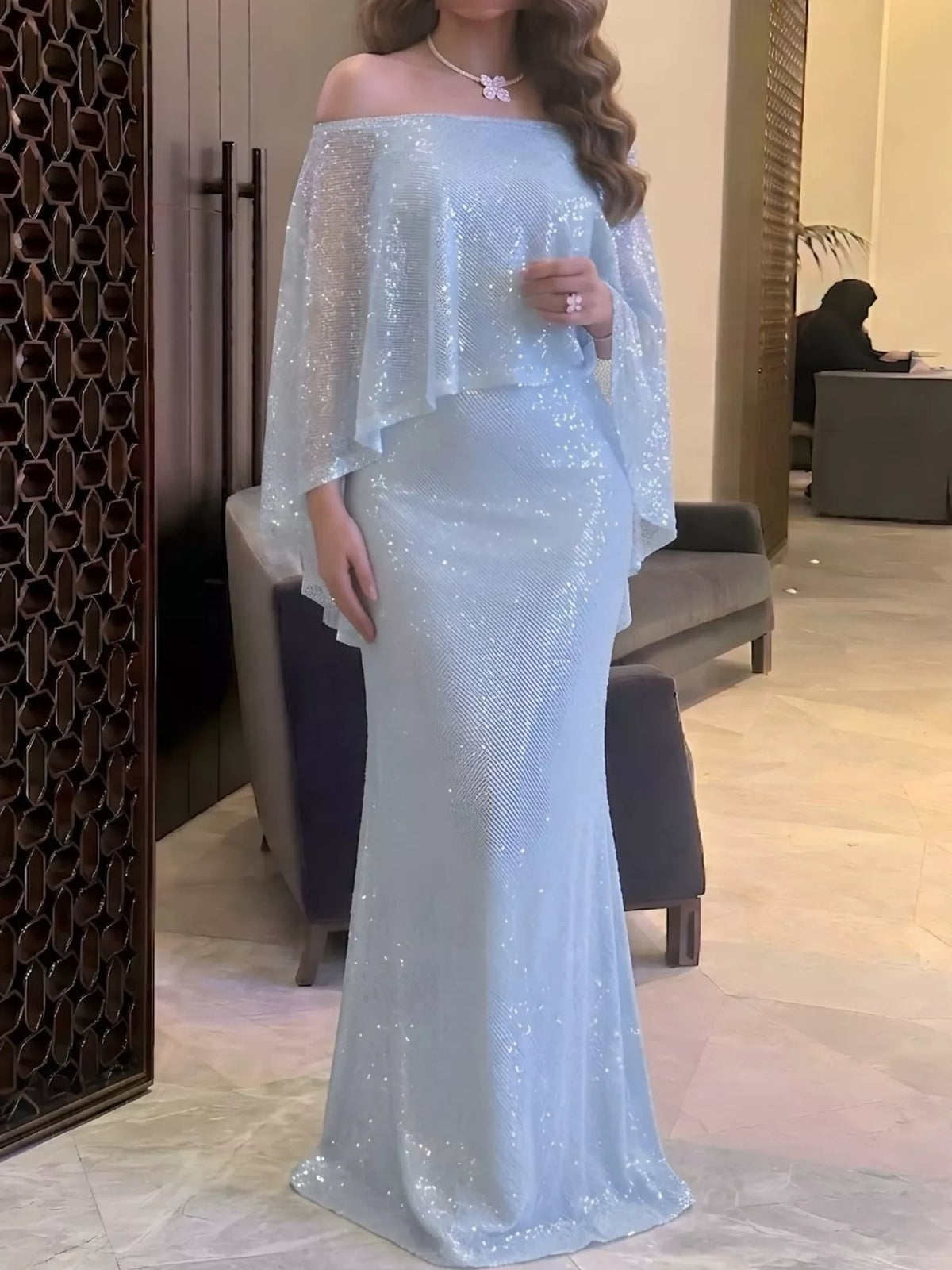 Sequin Off-Shoulder Cape Evening Maxi Dress — front view