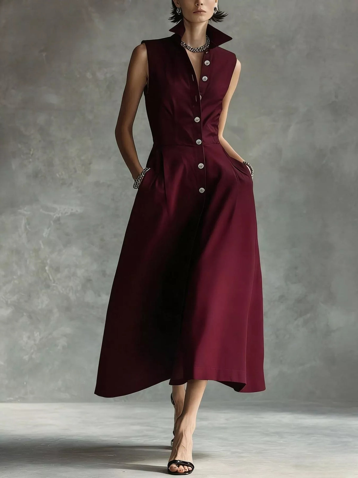 Burgundy button-down midi shirt dress