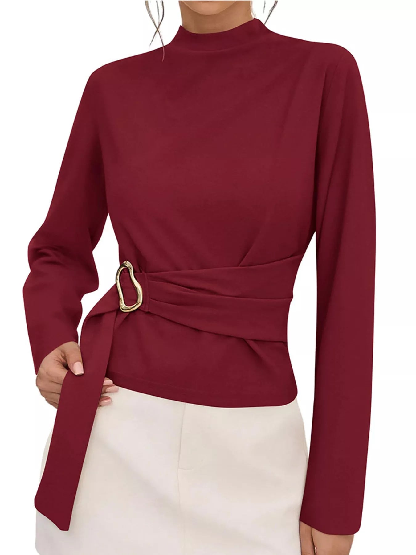 Trendsi Mock Neck Blouse with Waist-Defining Metal Buckle Detail -
