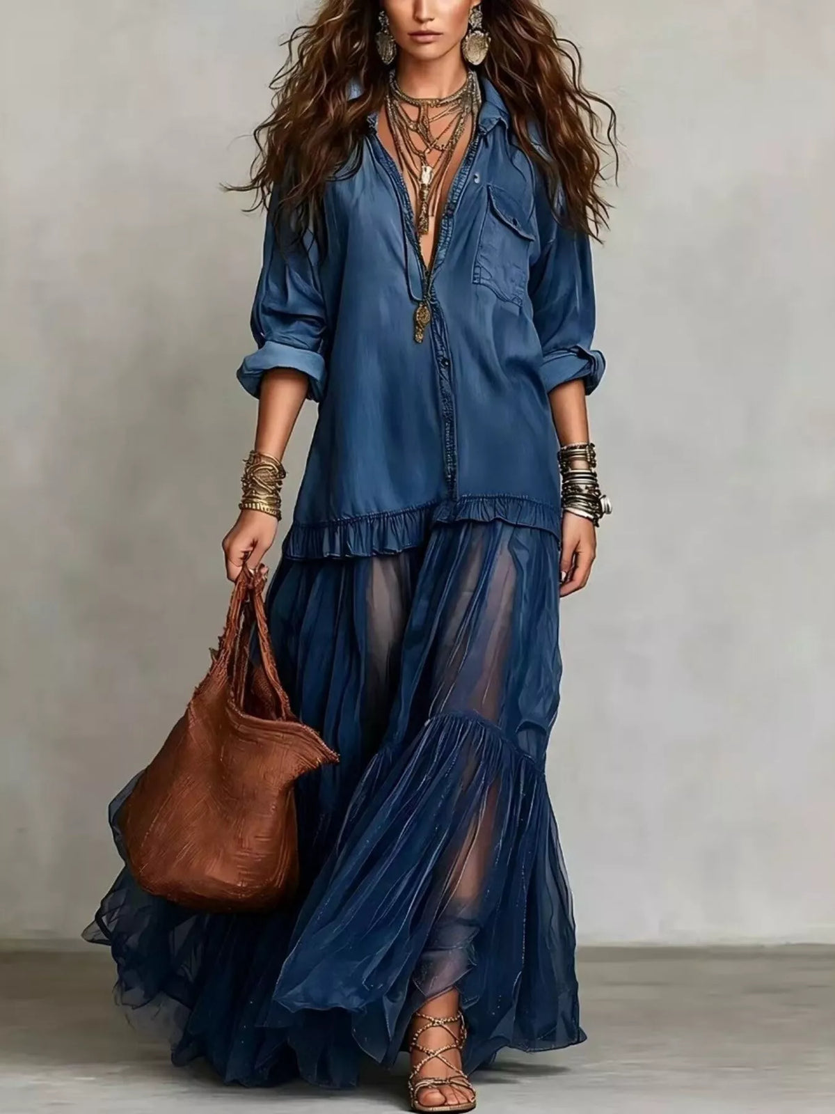 Navy sheer tiered long sleeve maxi dress — front view