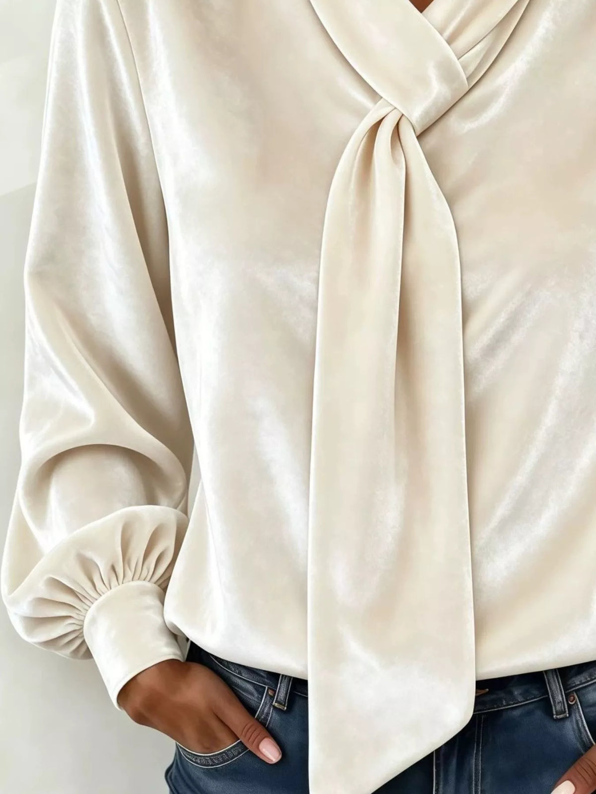 Cream velvet tie-neck blouse, tie neckline and gathered cuffs