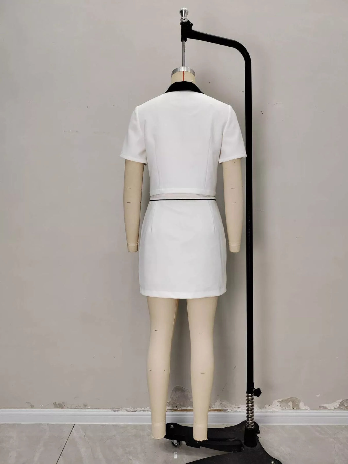 White Contrast Collar Cropped Top and Mini Skirt Set back view