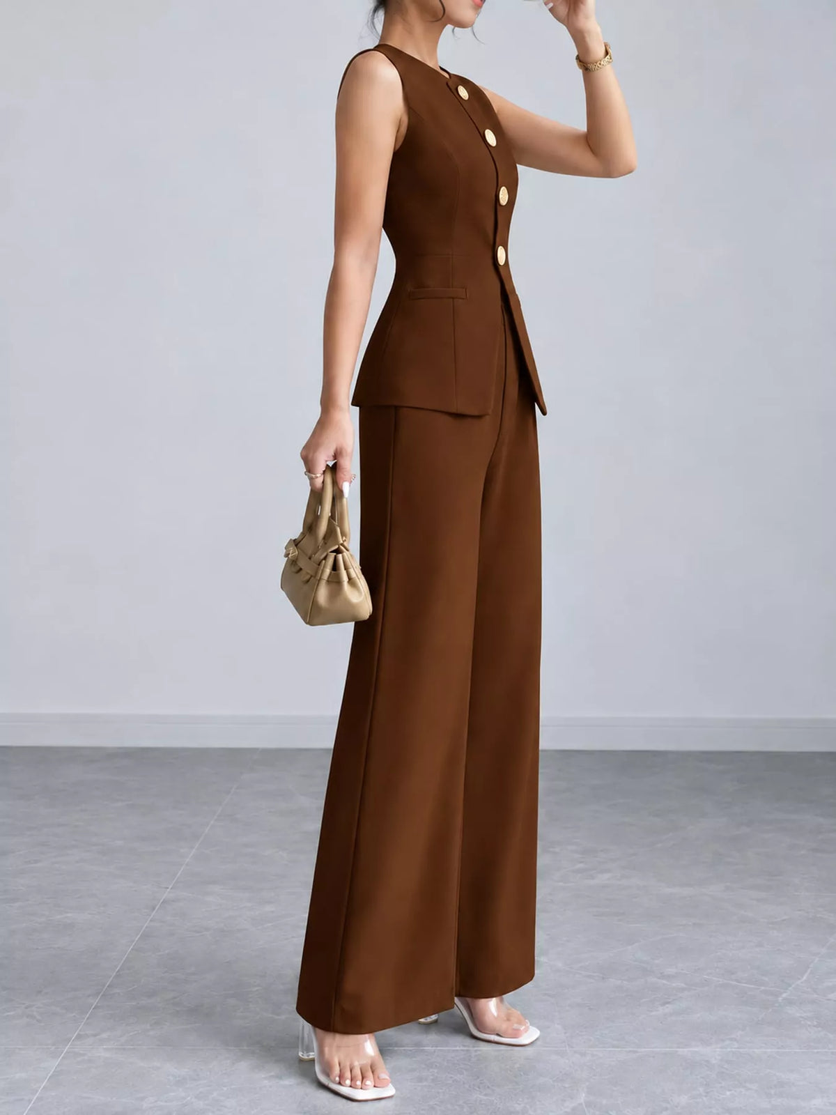 Button-Down Vest and Wide-Leg Pants Set in brown