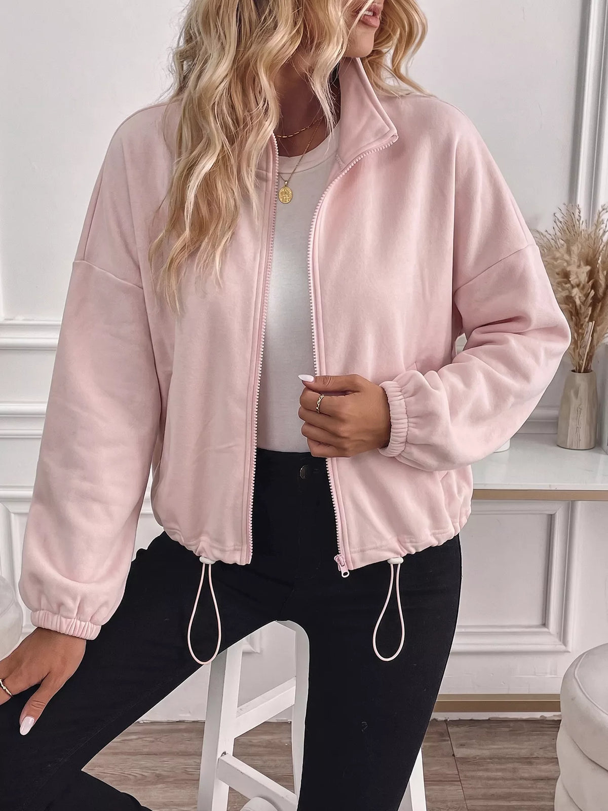 Zip-Up Drawstring Hem Sweatshirt — front view