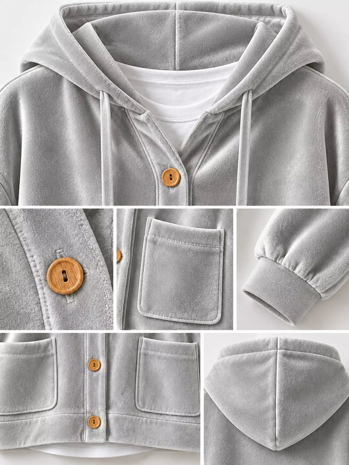 Gray velvet dropped shoulder hoodie, detail view