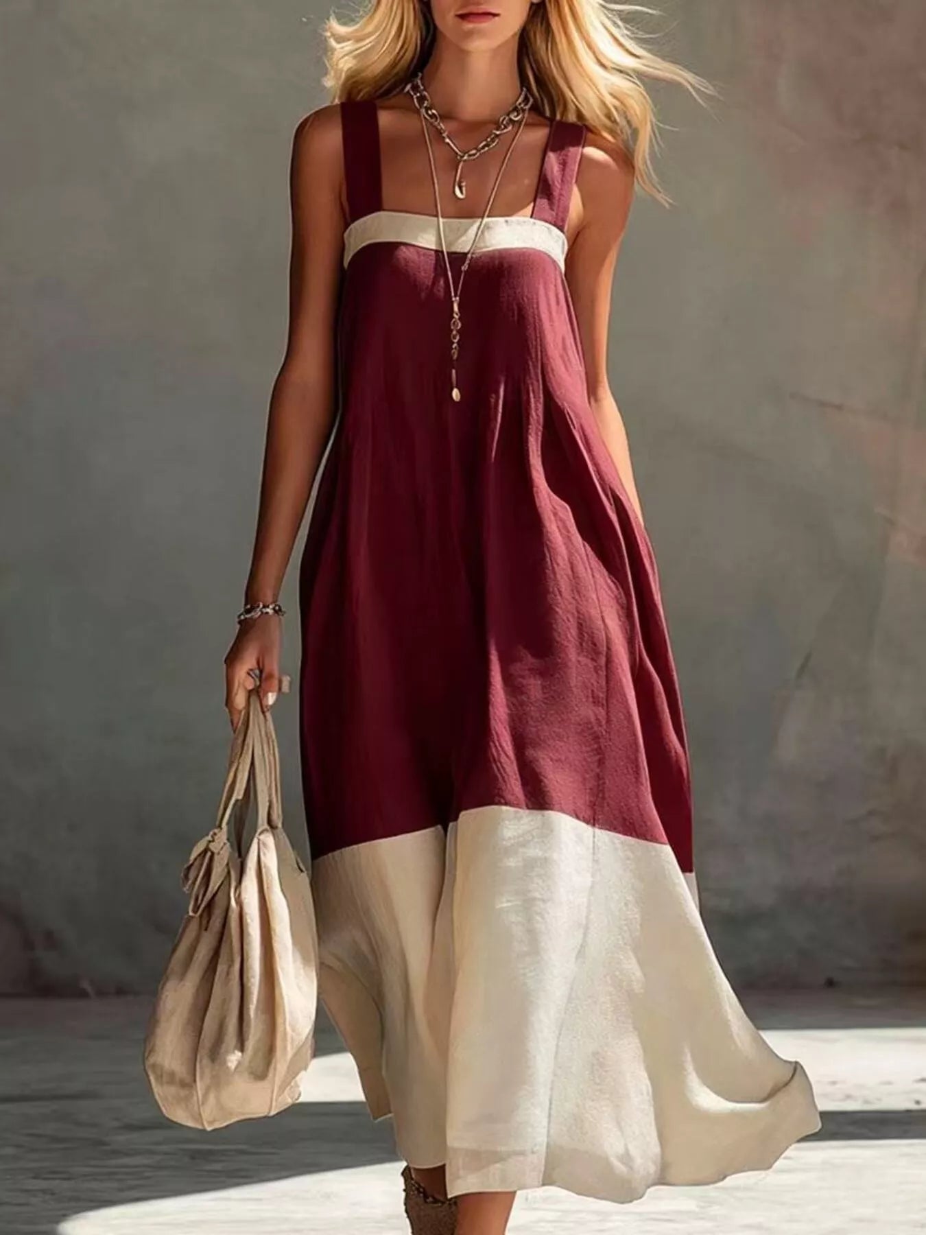 Trendsi Color-Block Sleeveless Linen-Blend Midi Dress -