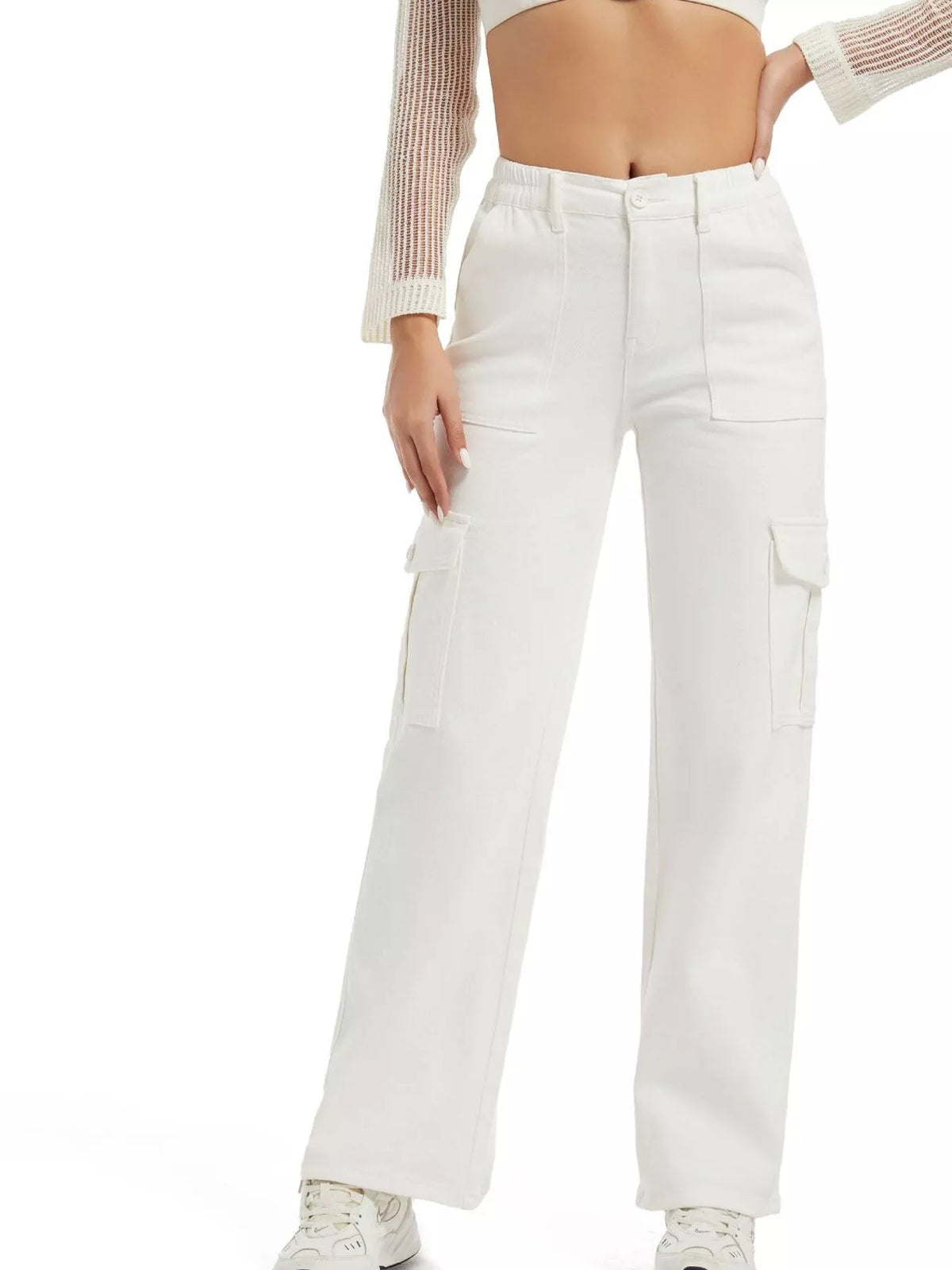 White wide-leg cargo jeans, front view