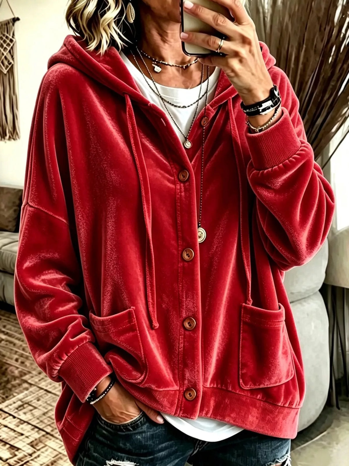Red velvet dropped shoulder hoodie, front view