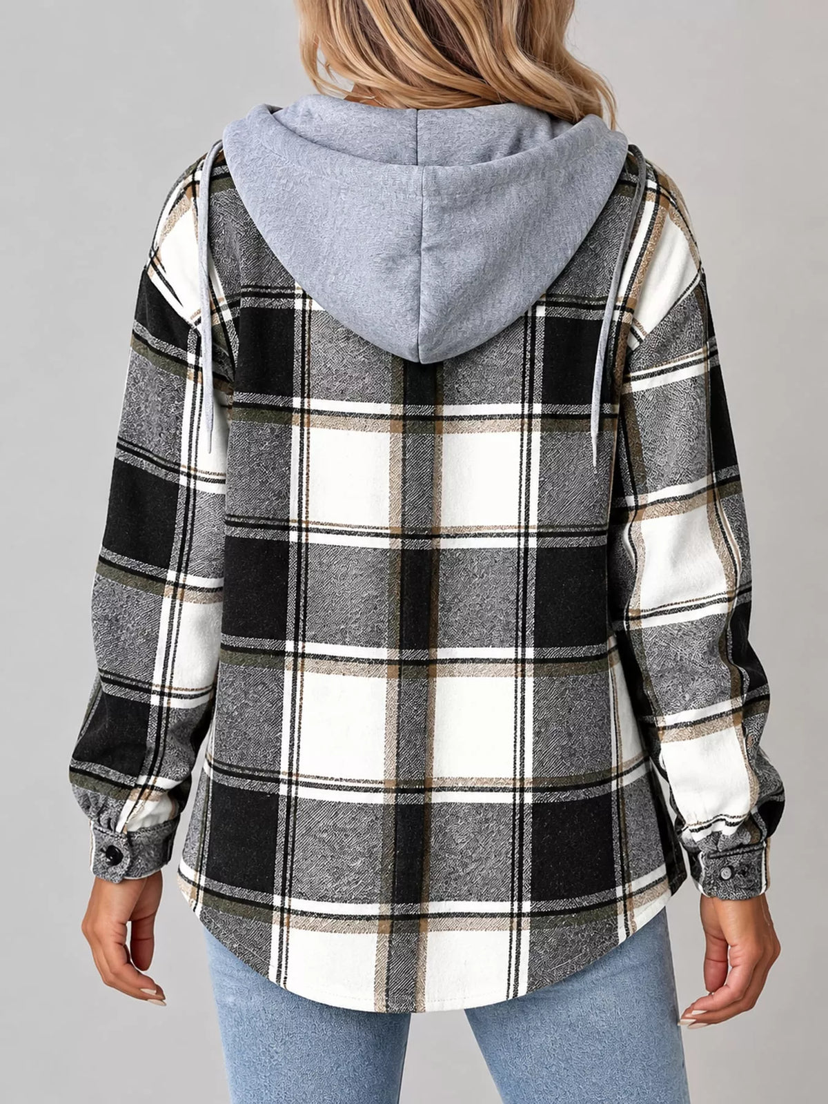 Button-Down Printed Contrast Hooded Shacket — back view
