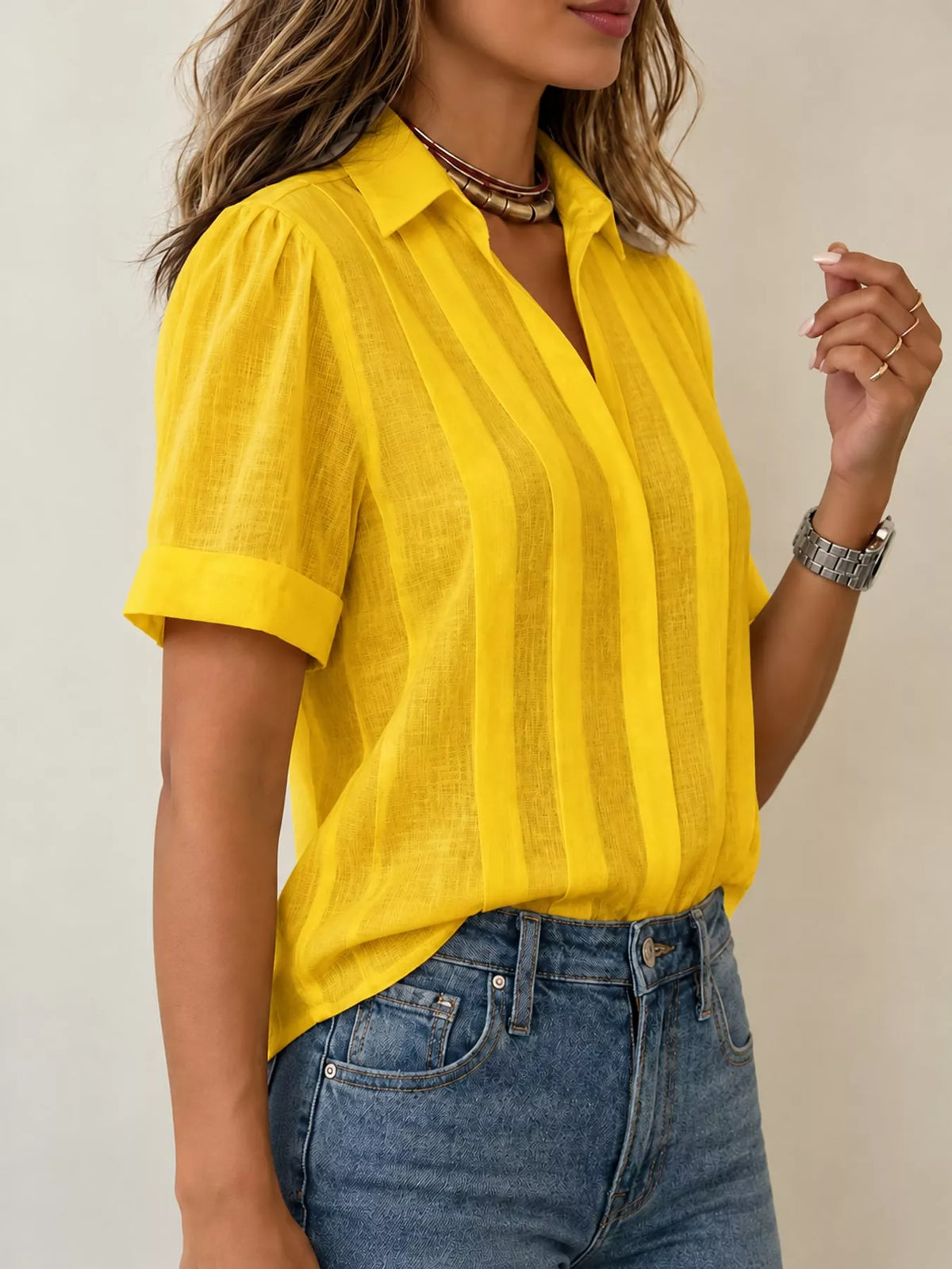 Yellow button up short sleeve shirt