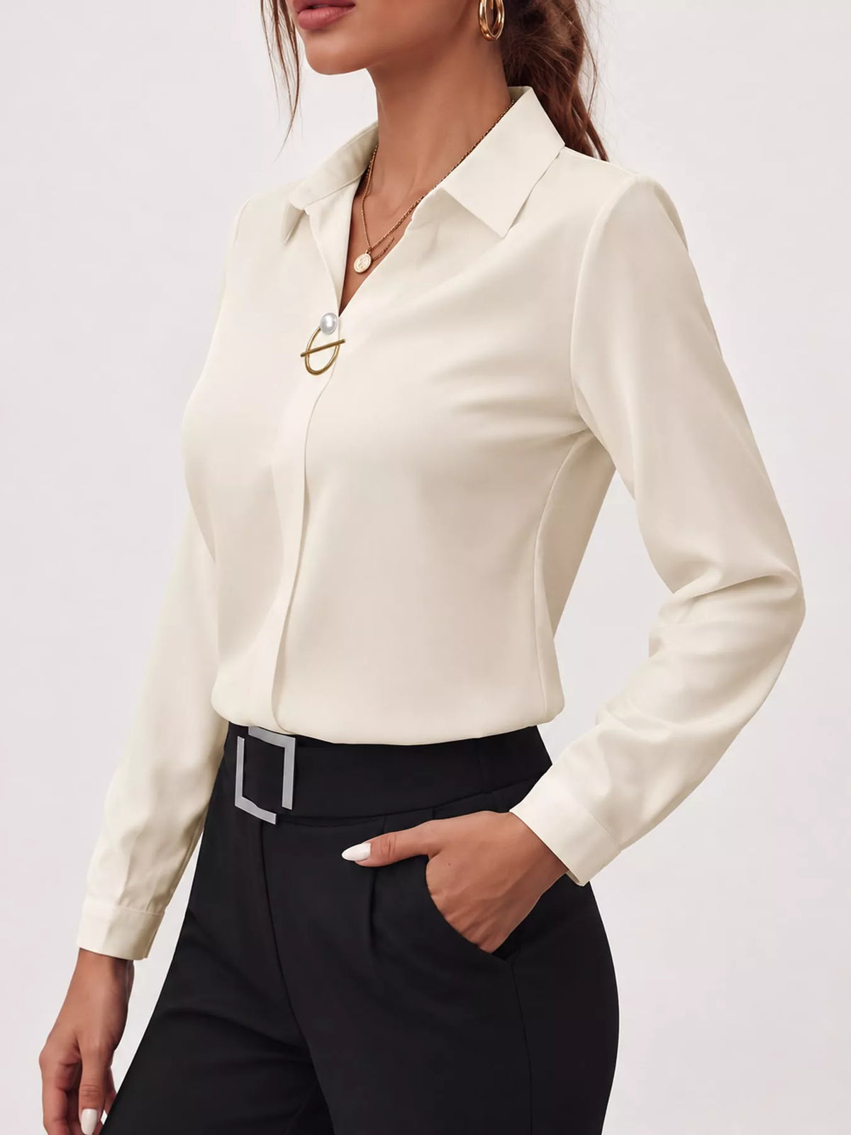 Women's Collared Clasp Detail Long Sleeve Satin Blouse in cream — side view