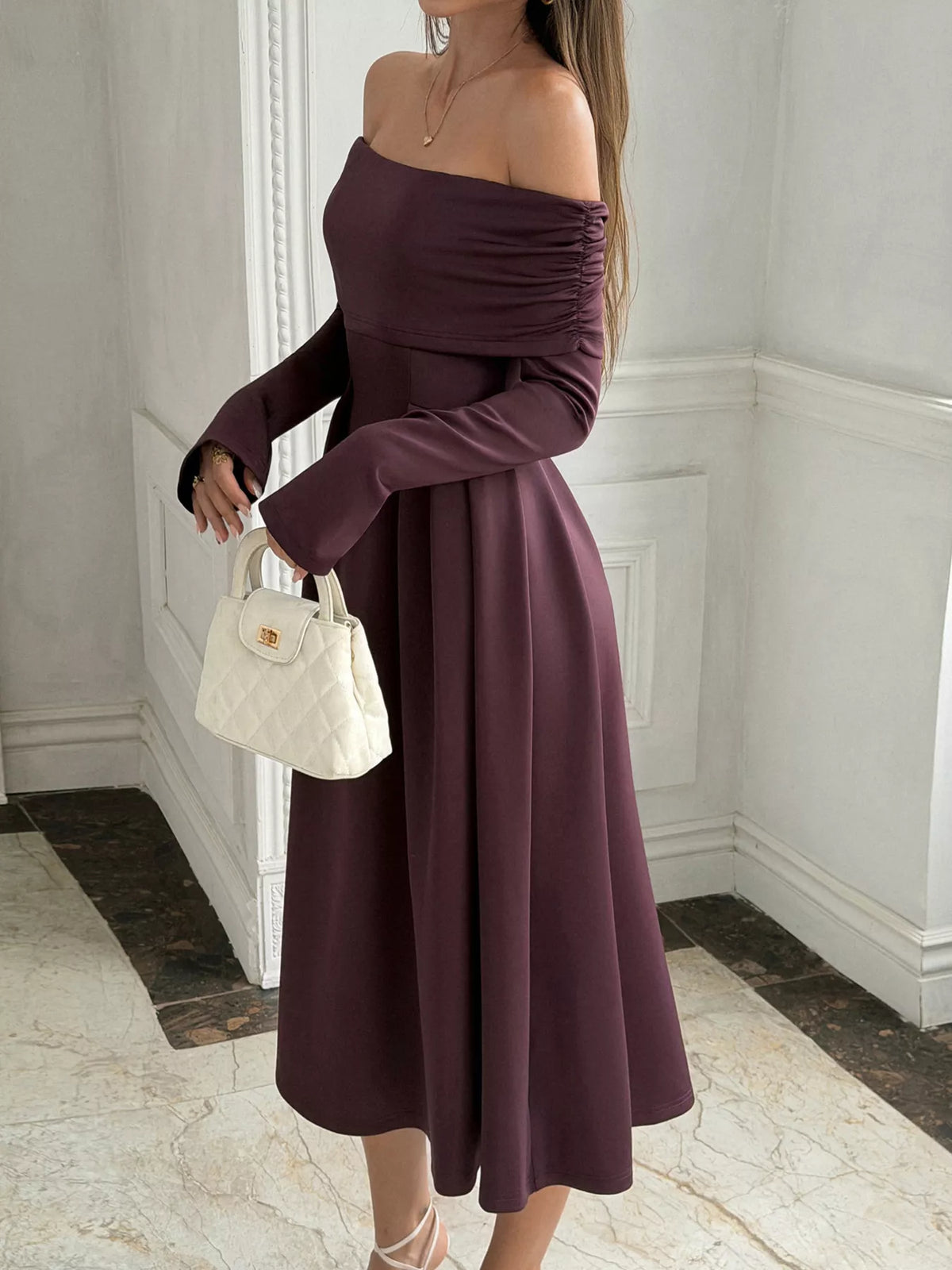 Coffee off-shoulder long sleeve midi dress, side view