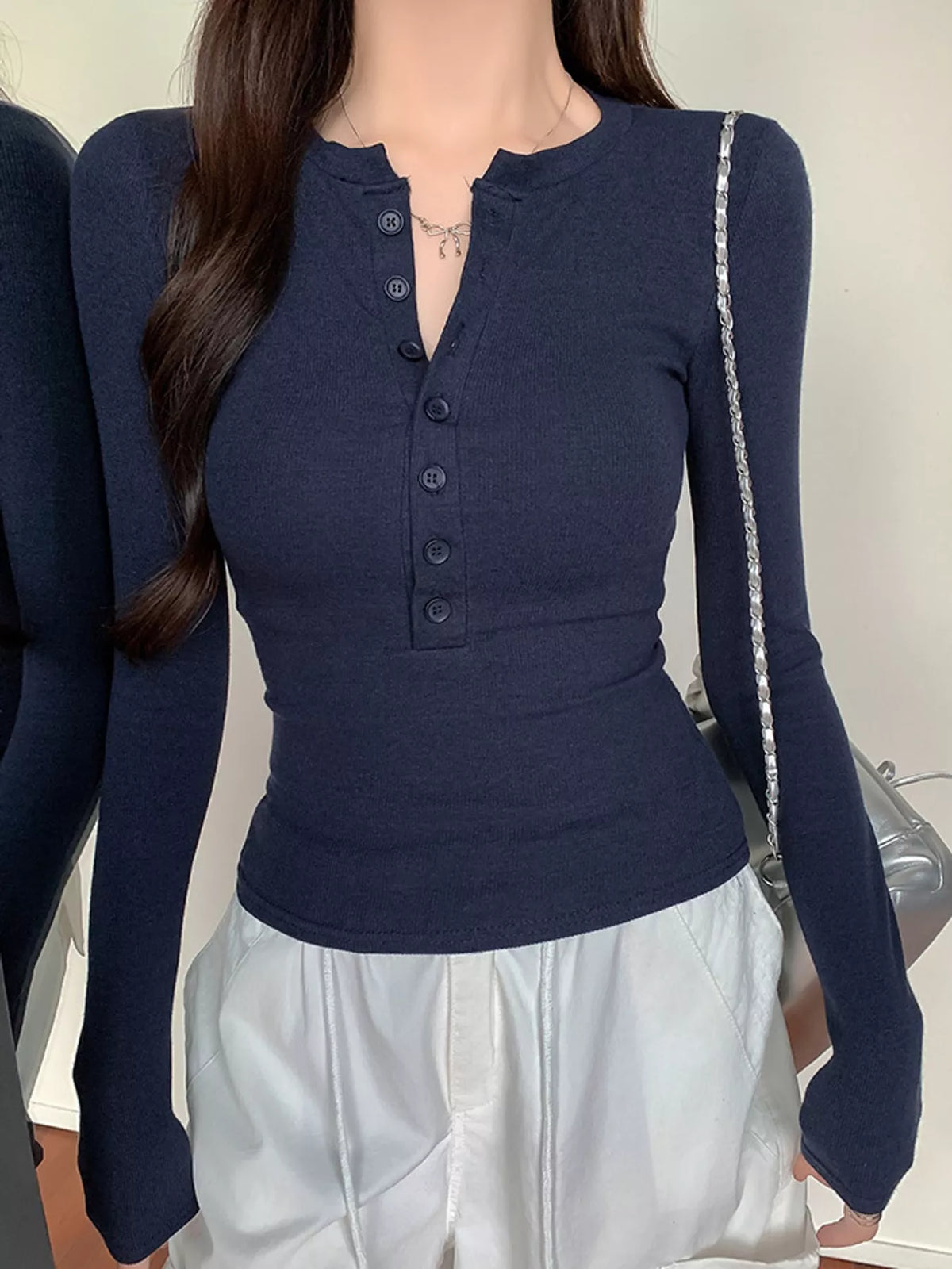 Button Detail Long Sleeve T-Shirt in navy