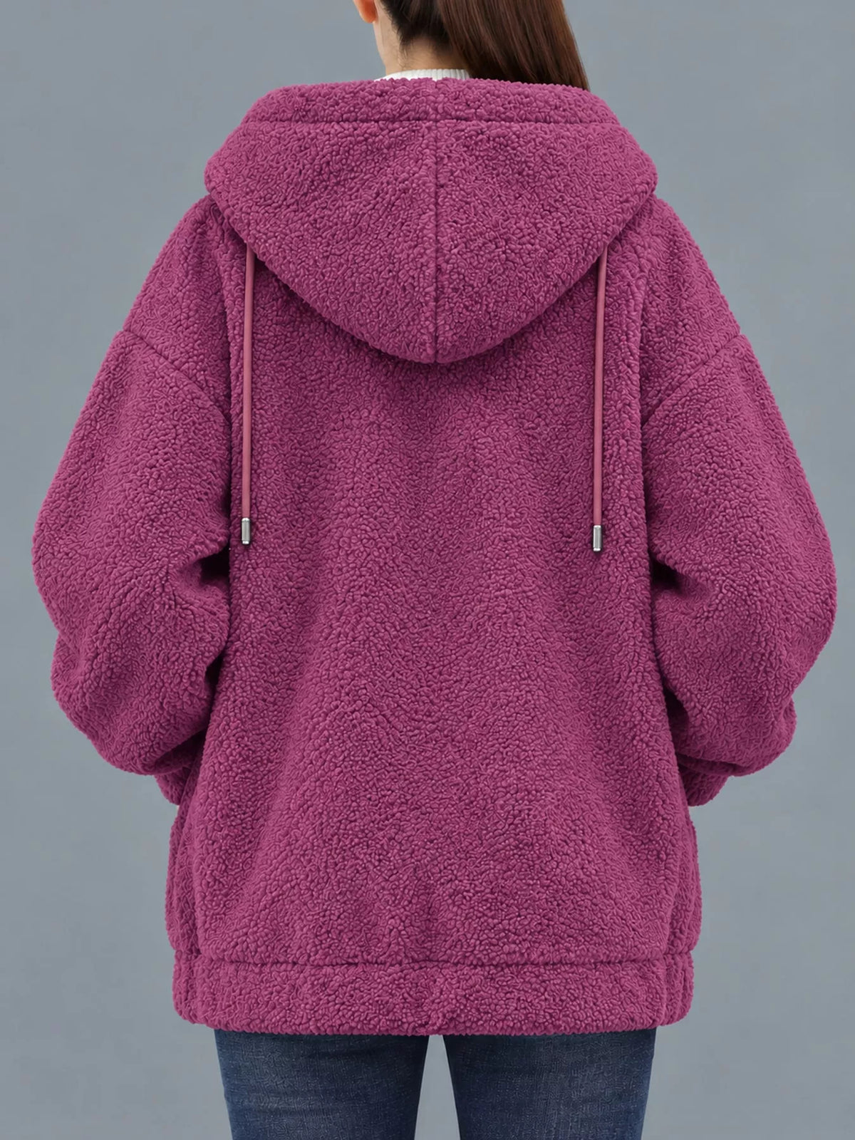 Rose Red fleece zip-up hoodie with pockets, back view