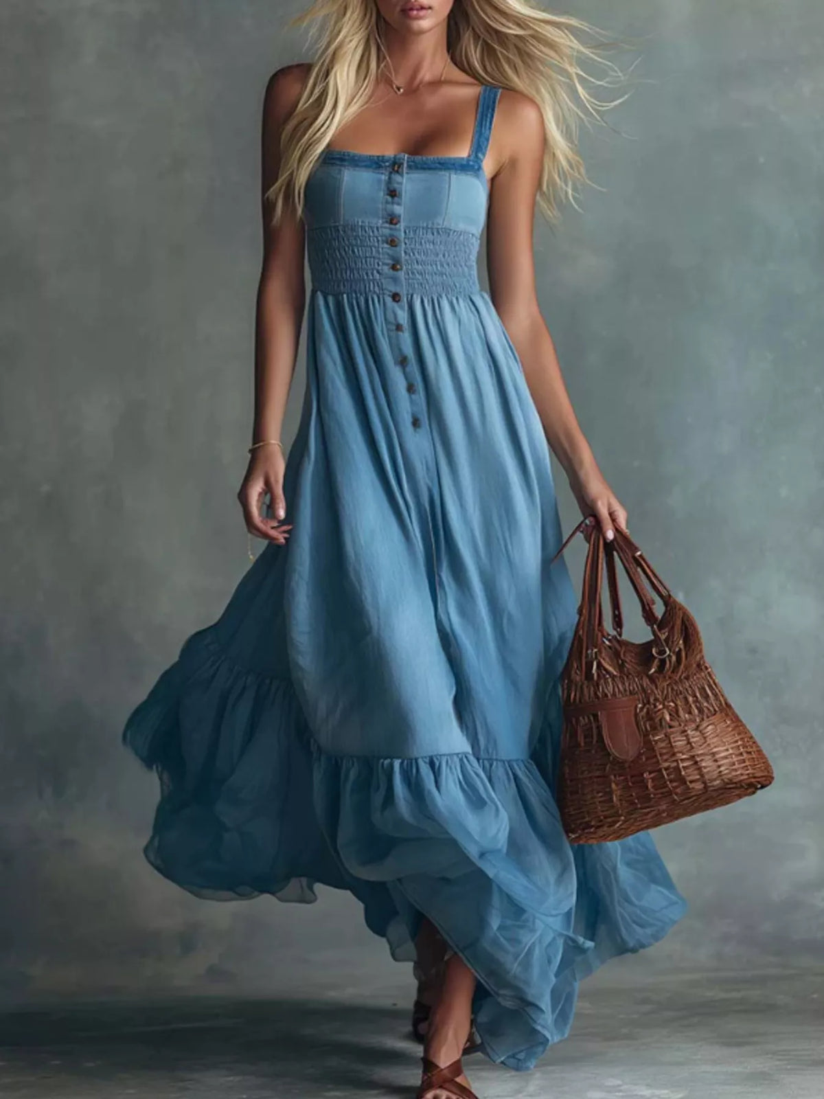 Trendsi Smocked Button Front Denim Maxi Dress -