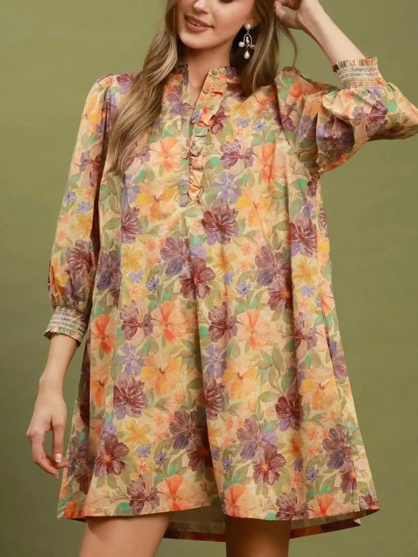 Trendsi Vintage Floral Print 3/4 Sleeve Dress -