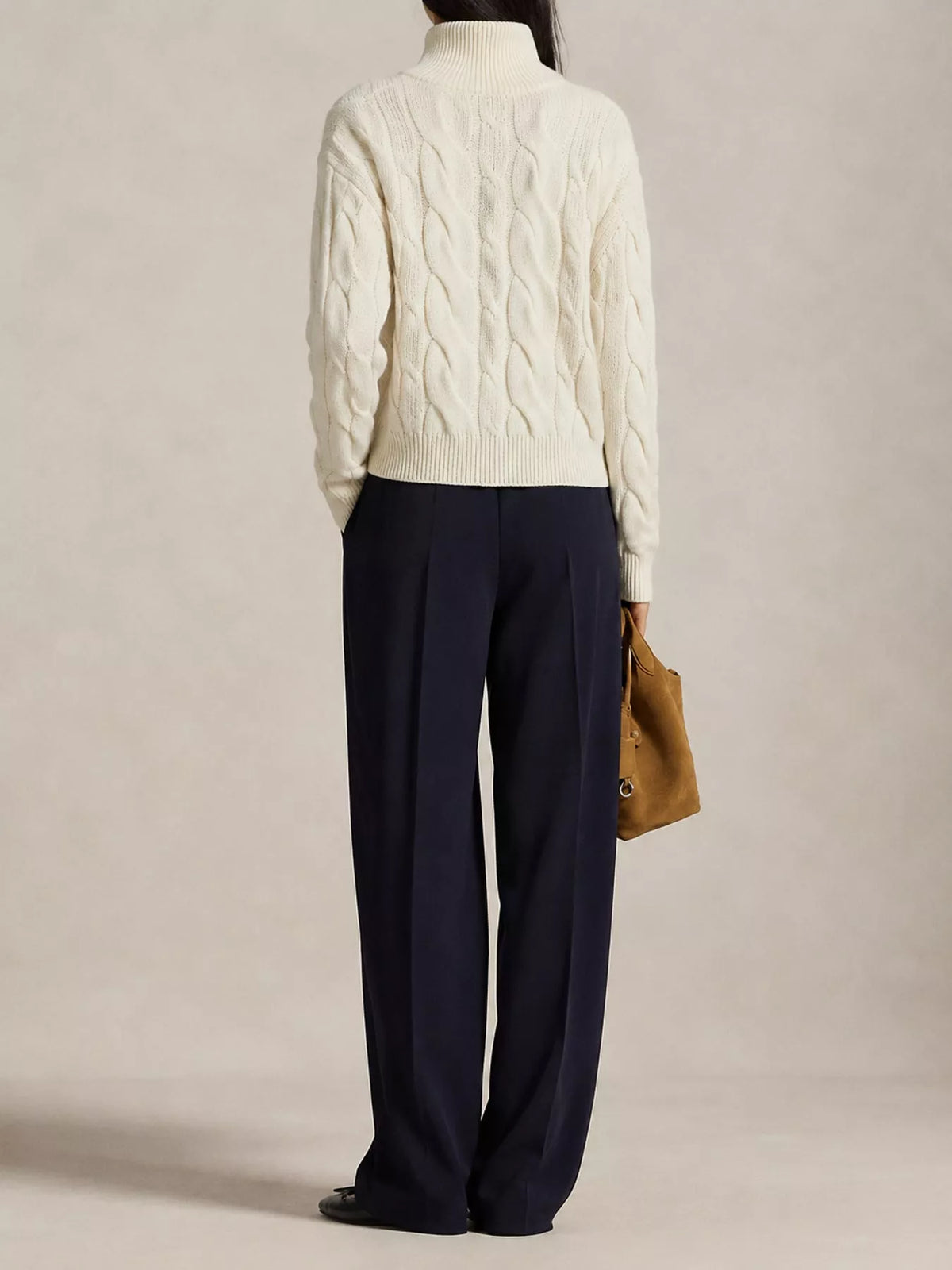 Cream cable knit button-up cardigan, back view