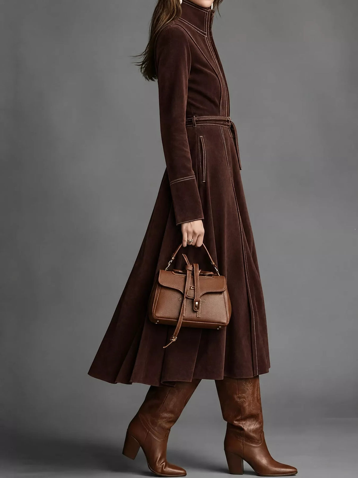 Dark brown zipper front midi dress, side view