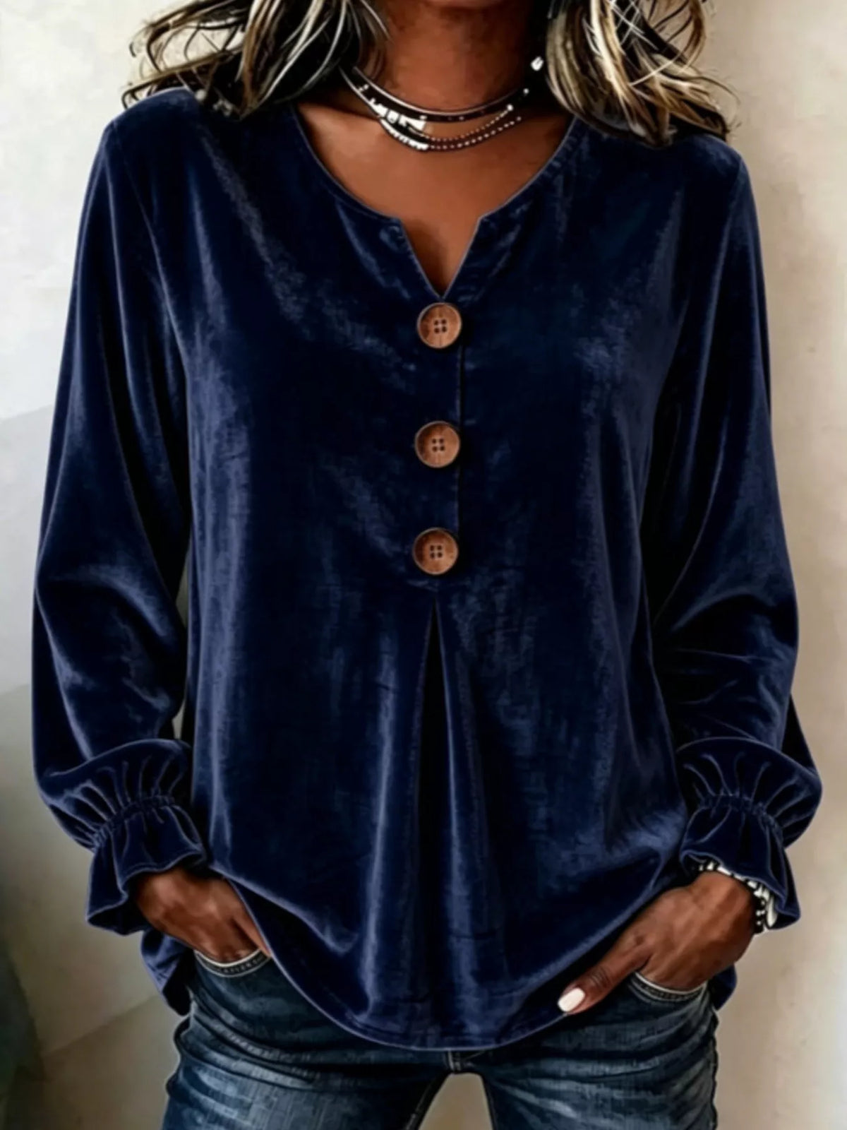 Navy velvet balloon-sleeve blouse, front view
