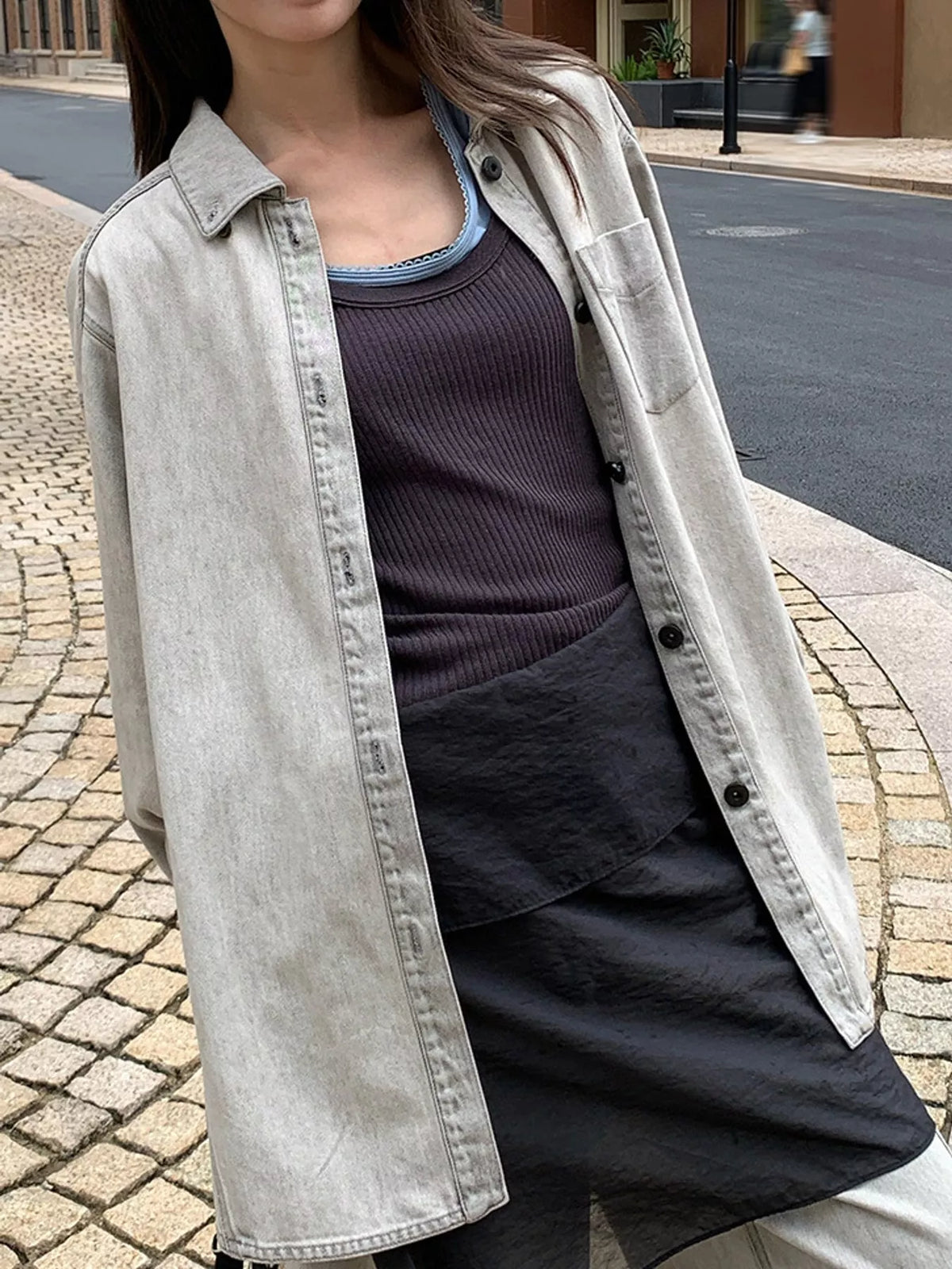 Gray button-down front denim shacket