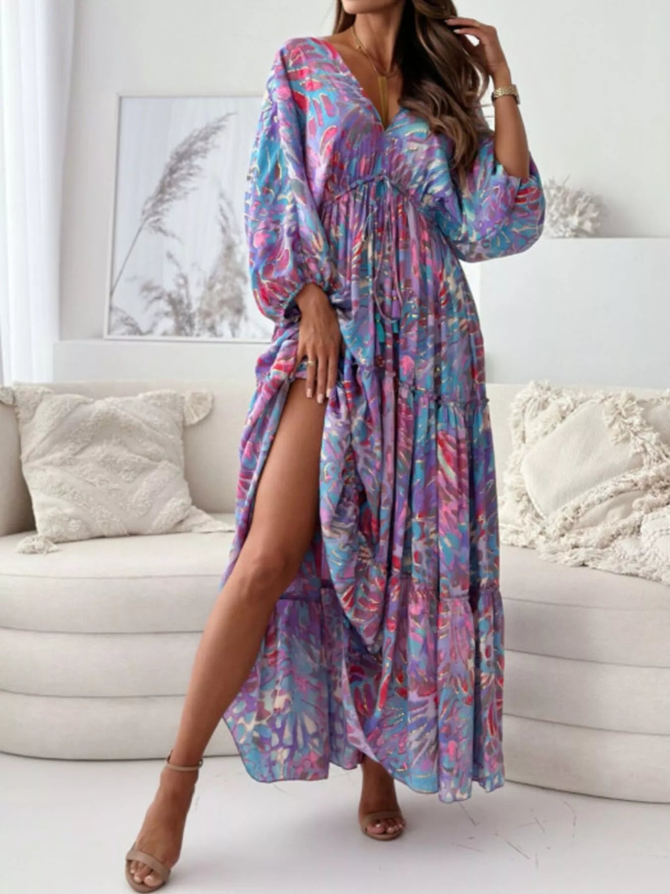 Trendsi Printed V-Neck Balloon Sleeve Slit Maxi Dress -