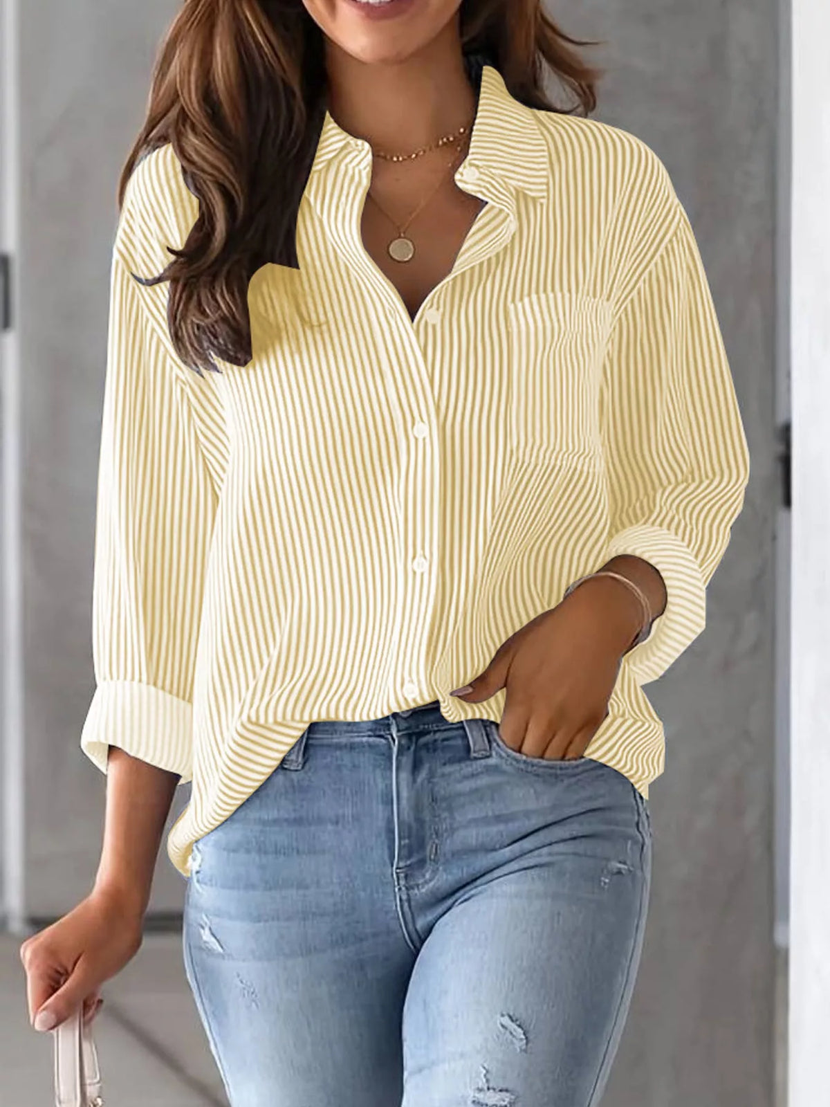 Striped long shirt, yellow front