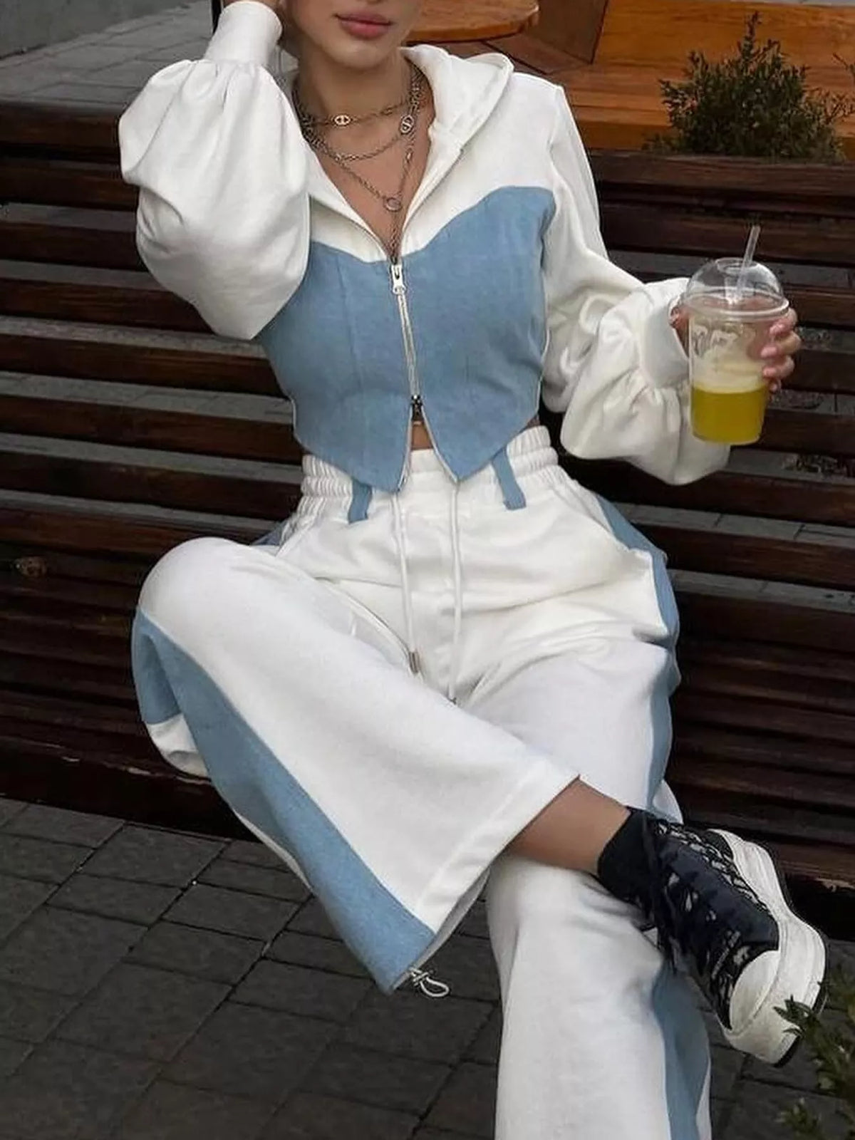 White and light blue color-block zip-up hoodie and wide-leg pants set — front view