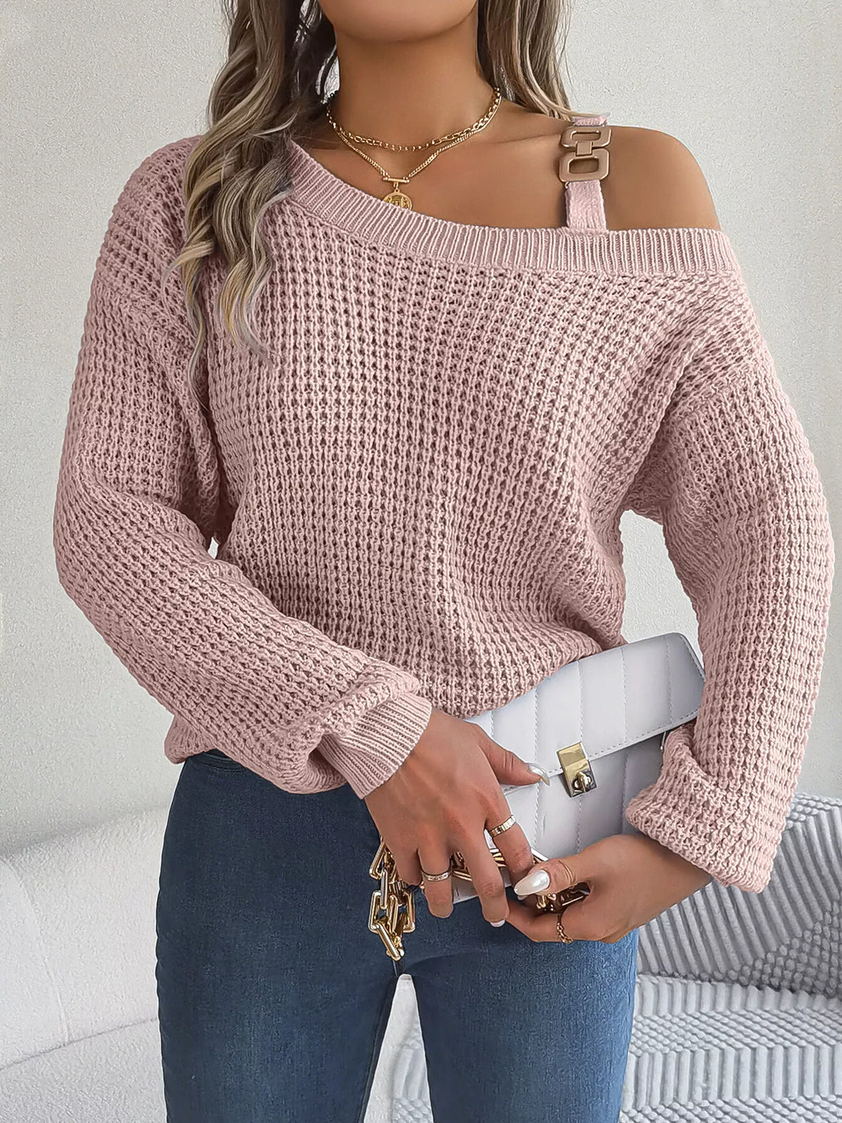 Asymmetrical Neck Long Sleeve Sweater in pink, front view