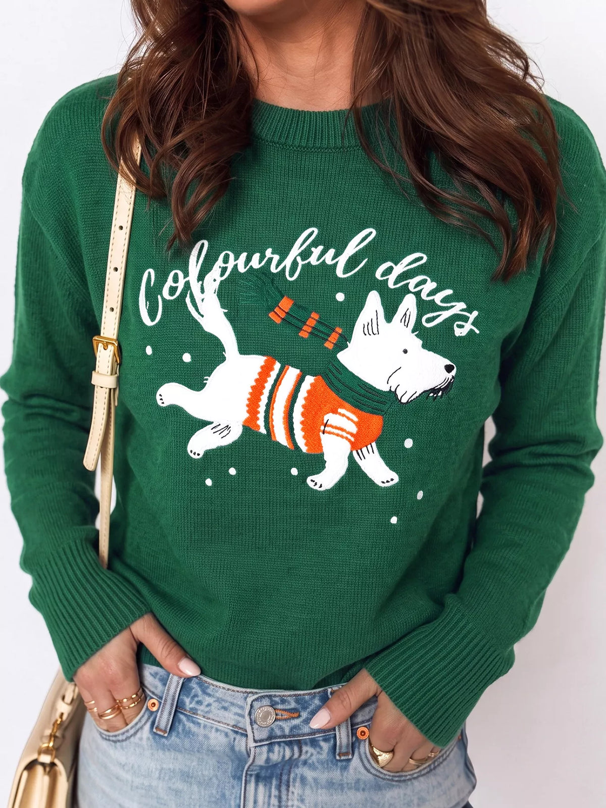 Dark Green abstract dog embroidery christmas round neck sweater