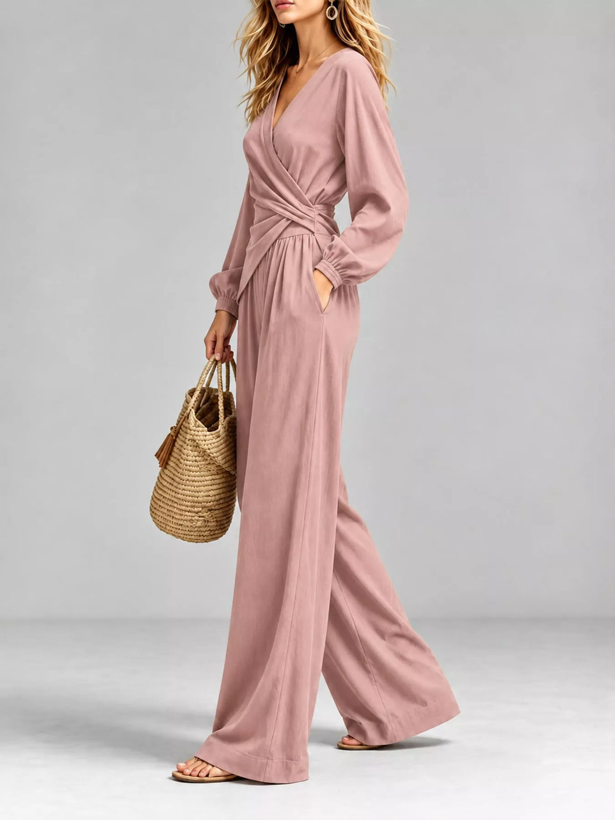 V-Neck Long Sleeve Top and Wide-Leg Pants Set — side view
