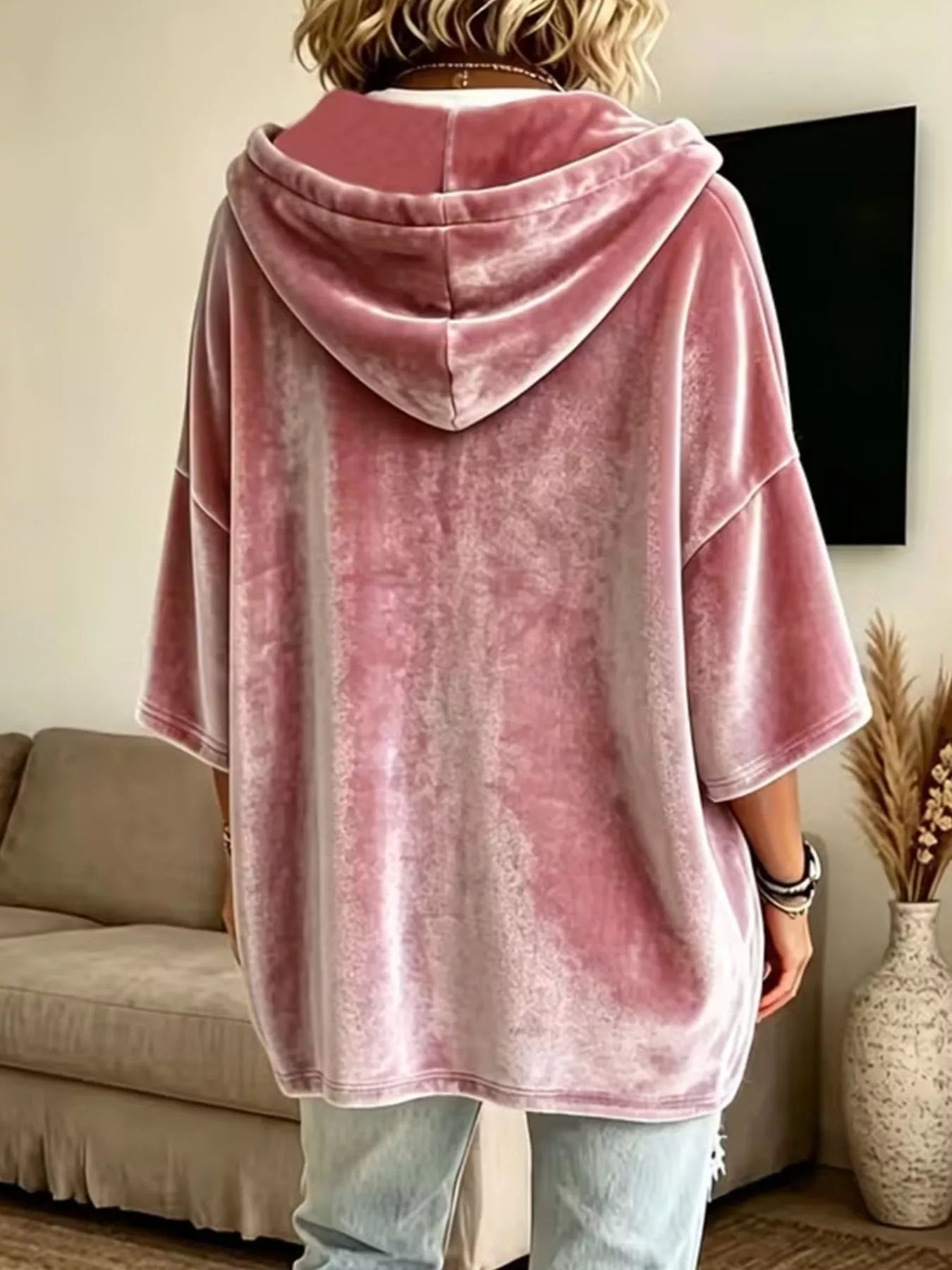 Trendsi Velvet Loose Fit Hoodie with Drawstring -