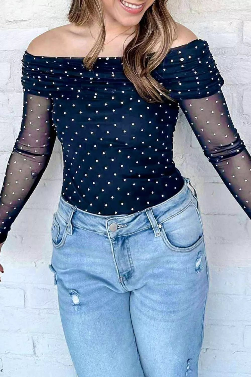 Trendsi Off-Shoulder Polka Dot Mesh Blouse -