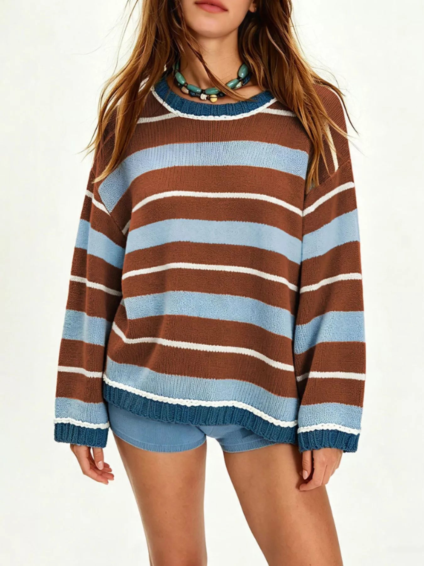 Trendsi Oversized Striped Crew Neck Sweater -