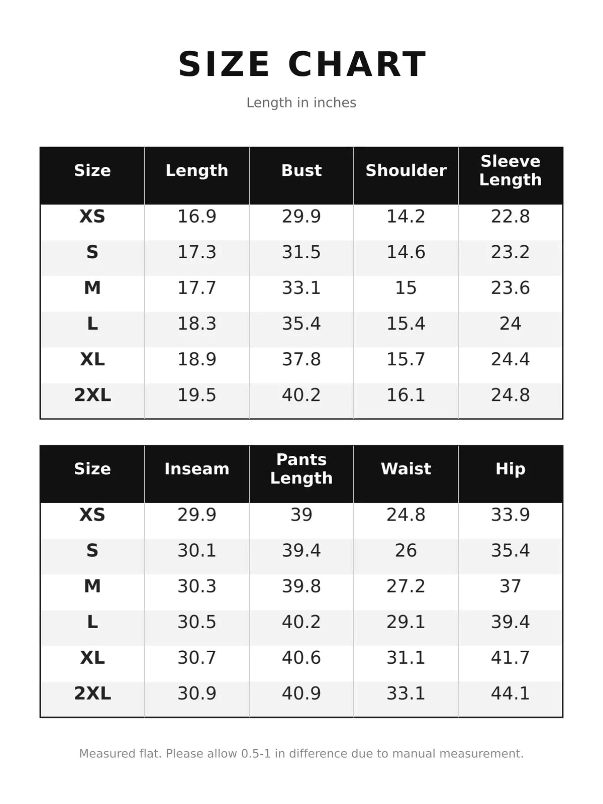 Size and measurement chart for top and pants set