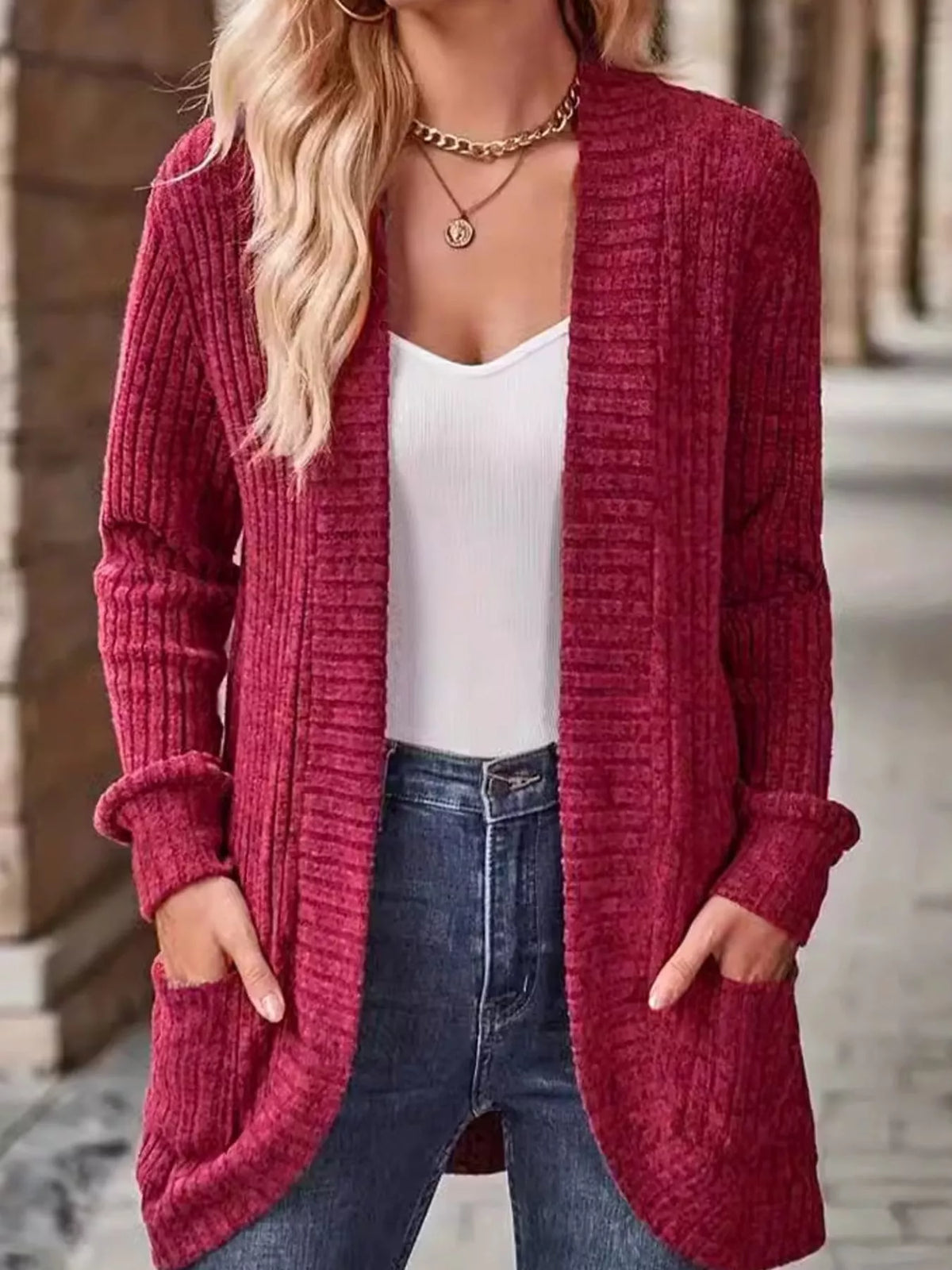 Ribbed Knit Open Front Cardigan with Pockets — front view