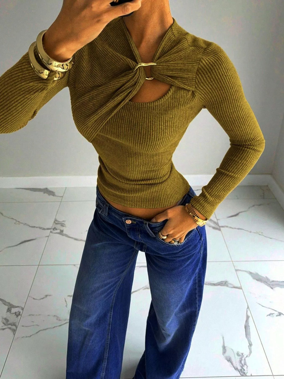 Women's Gold Ring Cutout Detail Top in olive — front view