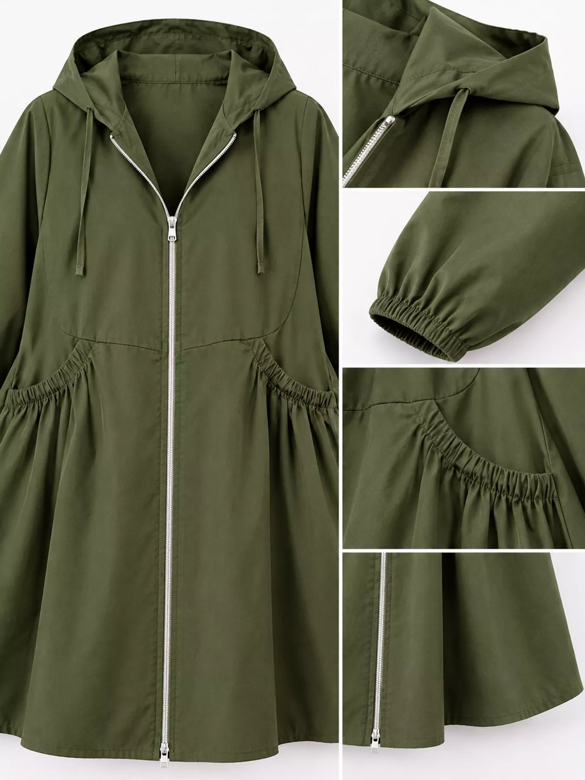 Hooded longline jacket, olive detail collage