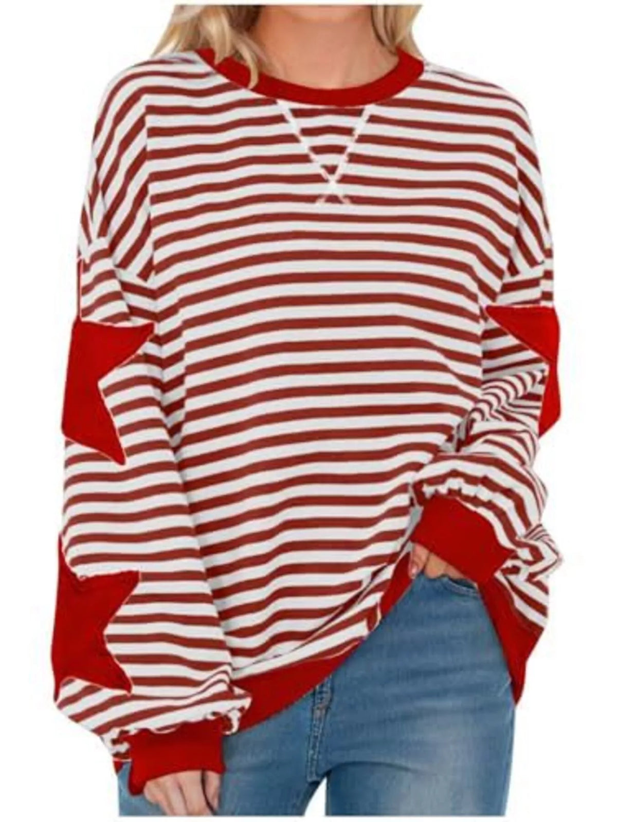 Red Star-Patch Striped Oversized Sweatshirt front view