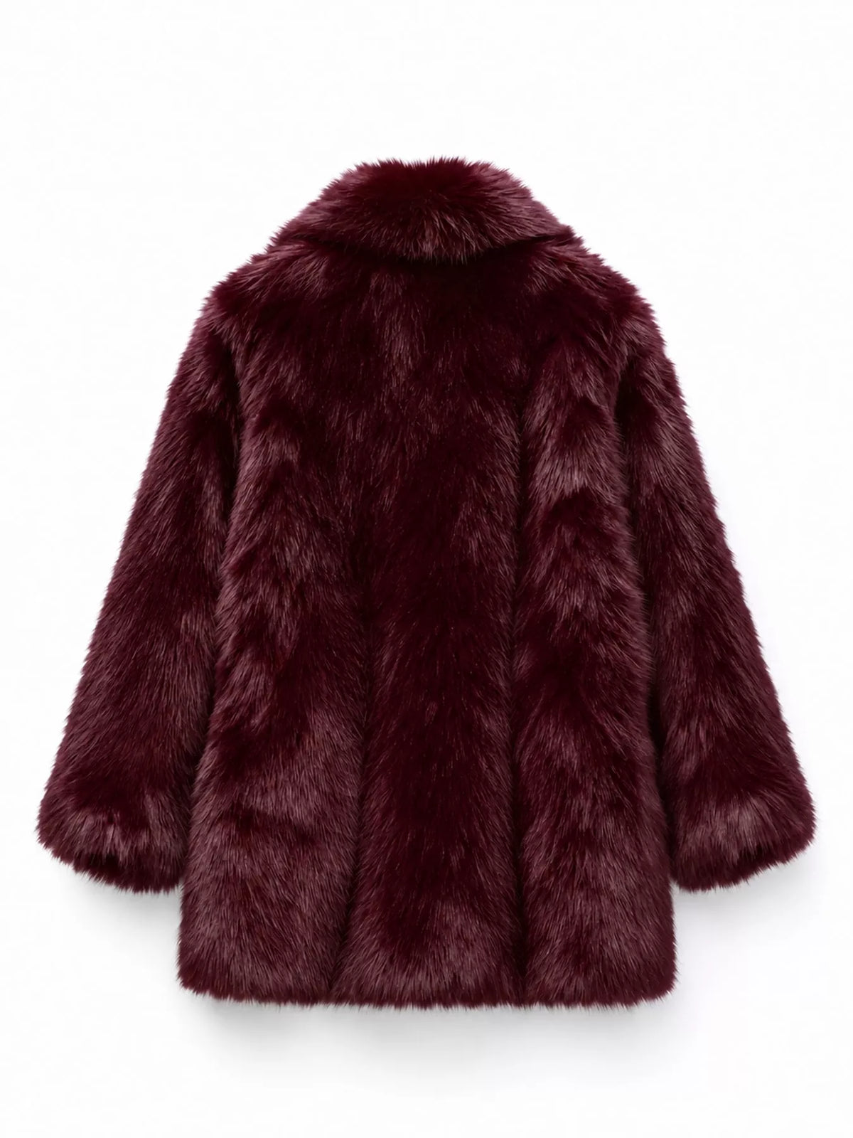 Faux Fur Long Sleeve Coat, back view in burgundy