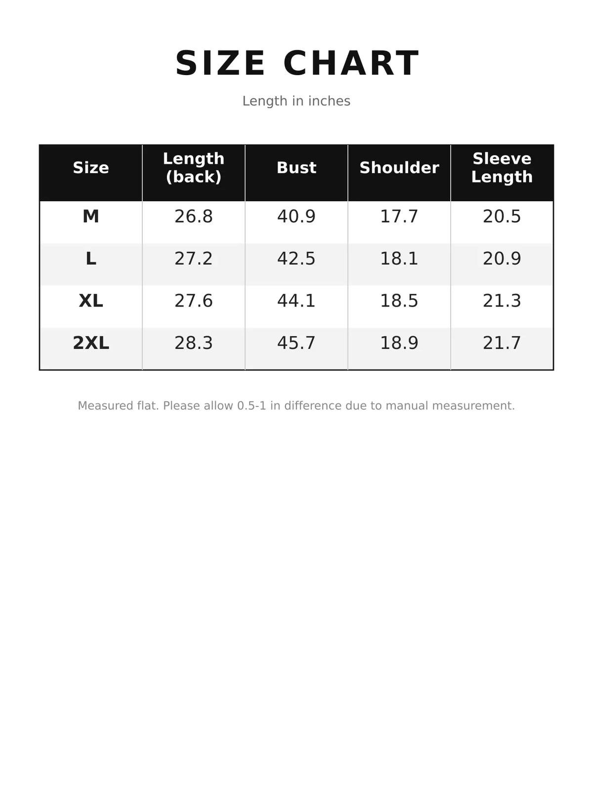 Plaid Button-Down Long Sleeve Shirt — size and measurement chart