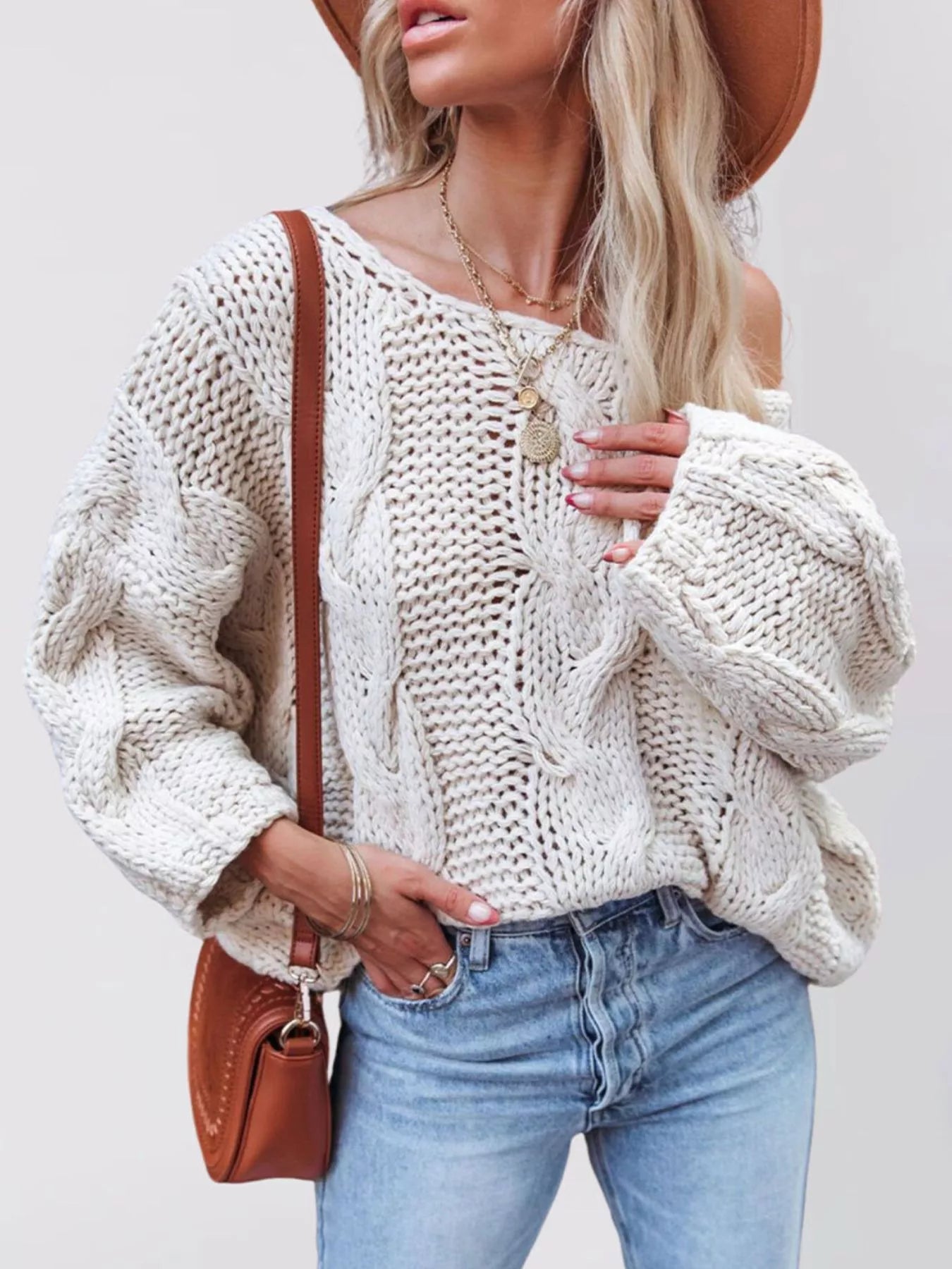 Trendsi Chunky Cable Knit Long Sleeve Sweater -