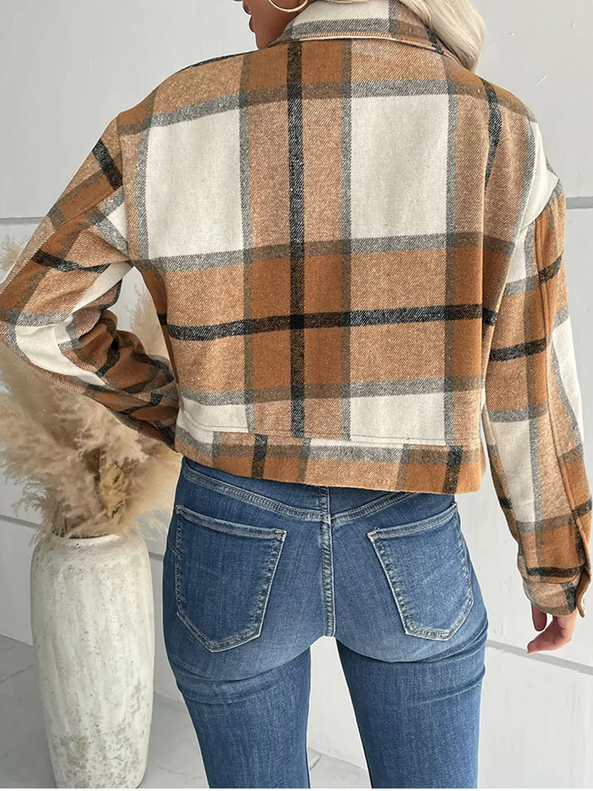 Plaid cropped jacket, tan plaid back