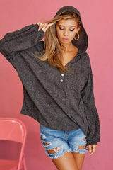 Trendsi BiBi Textured Knit Hoodie with Buttoned Placket -