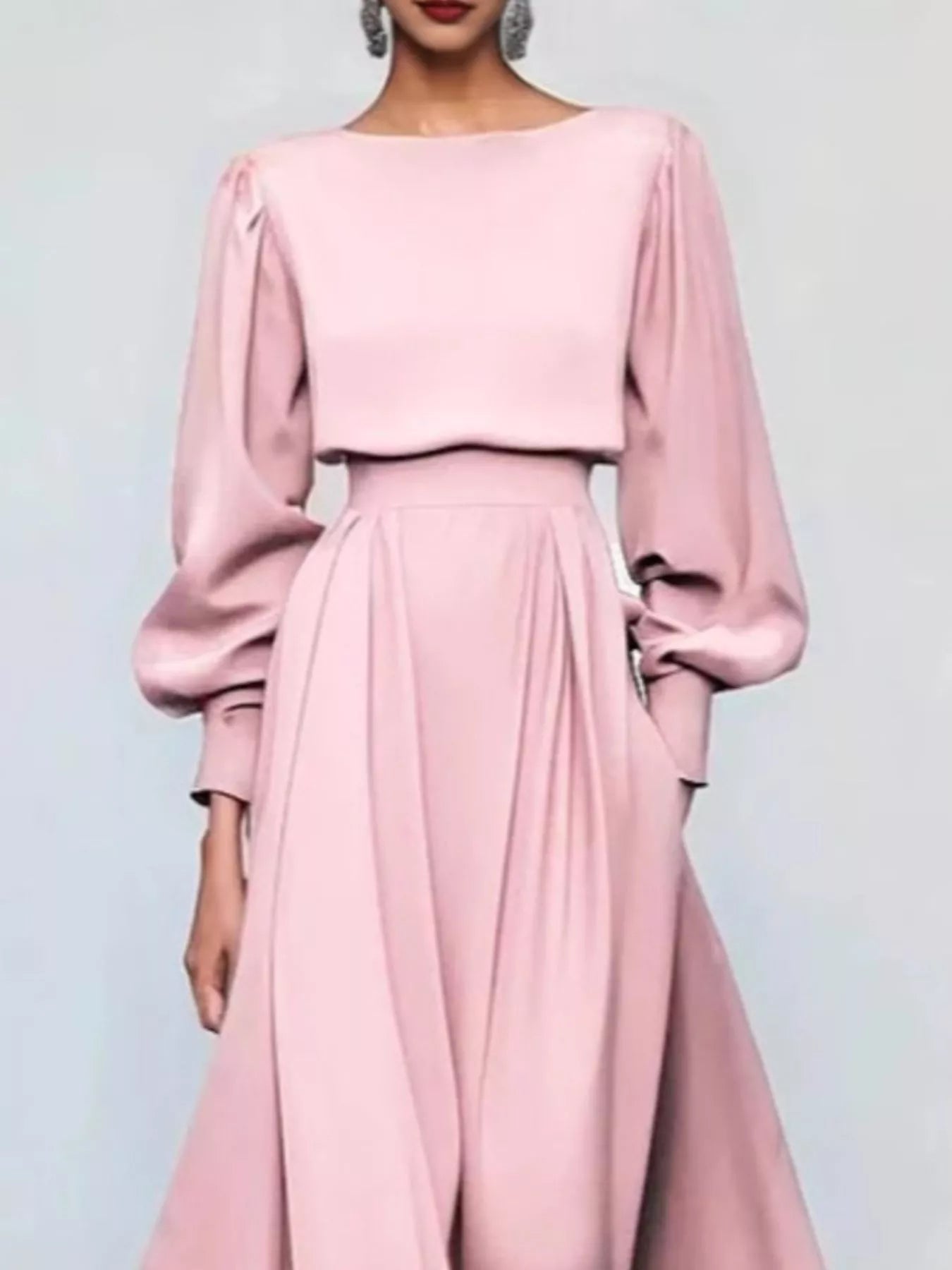 Trendsi Pleated Lantern Sleeve Midi Dress -